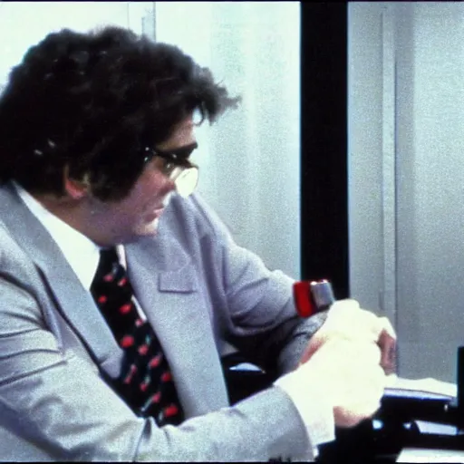 Prompt: 1985 Stewart Pankin as Bob Charles dressed in a red suit jacket and necktie sitting at a news desk, videotape still from 1985