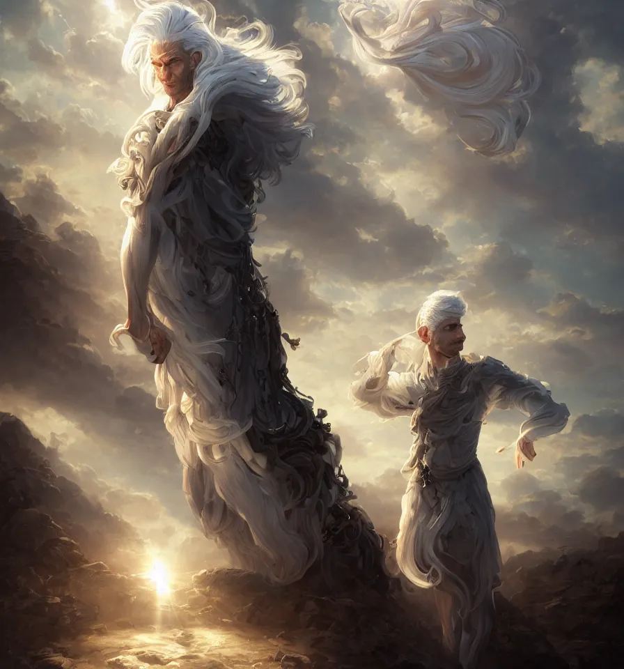 Image similar to a portrait of a beautiful, handsome prince with white hair, elegant, backlit, incredible lighting, strong rim light, highly detailed, god rays, digital painting, HDRI, by Alvaro Castagnet, Peter Mohrbacher and Dan Mumford, vivid colors, high contrast, 8k resolution, intricate, photorealistic, smooth