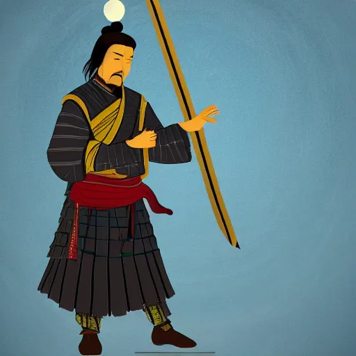 Image similar to old samurai holding ancient sword giant moon in background lighting the area