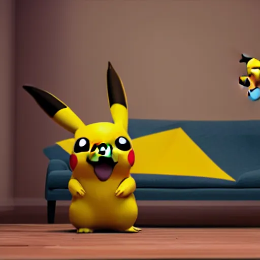 Prompt: Pikachu taking a bong rip on the couch, unreal engine 5, octane render, cgsociety, living room interior, soft lighting, ray tracing,