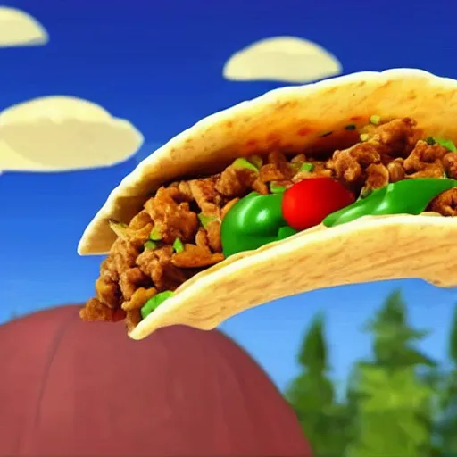 Prompt: a comically large taco falling from the sky onto a town