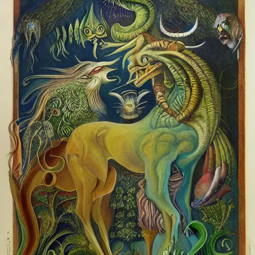 Image similar to strange mythical beasts of whimsy, surreal oil painting by ronny khalil and leonora carrington, drawn by ernst haeckel, as an offering to zeus