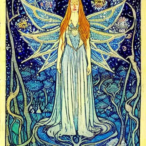 Prompt: Galadriel crowned by elves as their queen, the background is a fairy forrest, starry night, detailed, blue tones, silver, romantic, intricate fairy tale illustration from an old book by Walter Crane, Florence Harrison and Arthur Rackham