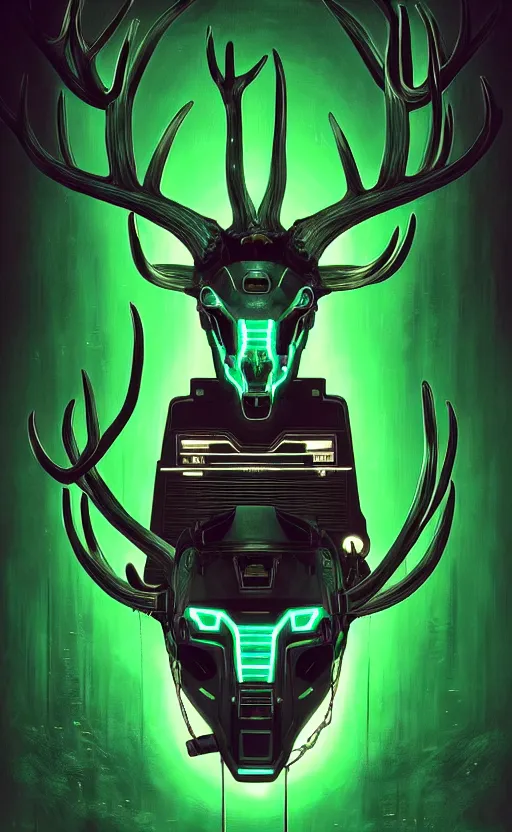 Image similar to poster style, a beautiful and terrifying painting with high details a digital portrait of cyber god of hunting with robotic deer head in style of green neon, cyber noir, movie atmosphere, movie lights, 8 k, light effect, rtx on, trending on artstation, by kilian eng, lee madgwick, bastien lecouffe - deharme