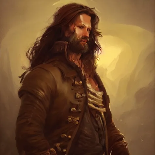 Prompt: portrait painting of a 3 0 years old rugged masculine muscular female joyful flirtatious pirate long long hair soft hair flowing hair upper body coat elegant rugged handsome unreal render cinematic lighting art 1 9 2 0 period drama by bussiere rutkowski andreas rocha