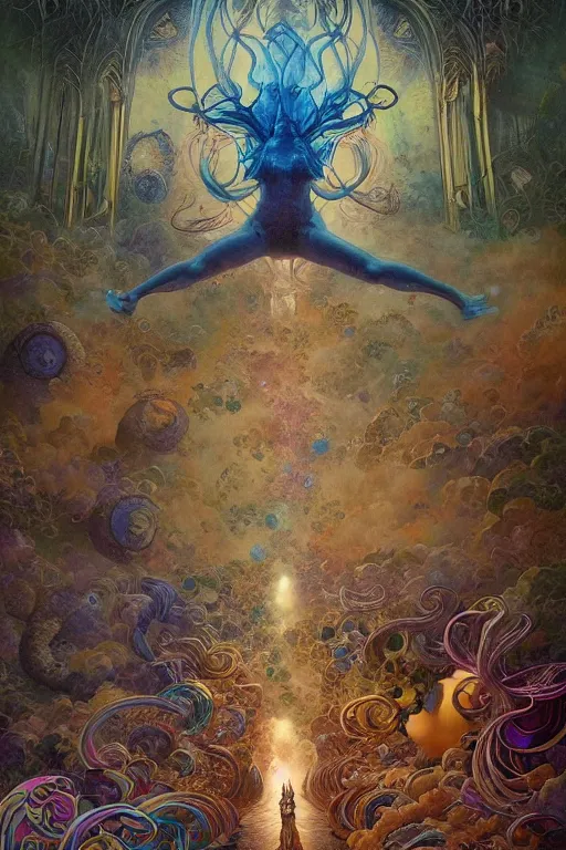 Image similar to the most wonderful dream you ever had, tarot card, fantasy drawing made of fractals, ultra realistic, wide angle, art nouveau, intricate details, rainbowshift, vivid colors, highly detailed by peter mohrbacher, wayne barlowe, maxfield parrish, aaron horkey, gaston bussiere, craig mullins