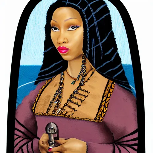 Prompt: nicki minaj knitting a sweater, medieval portrait, close up, highly detailed