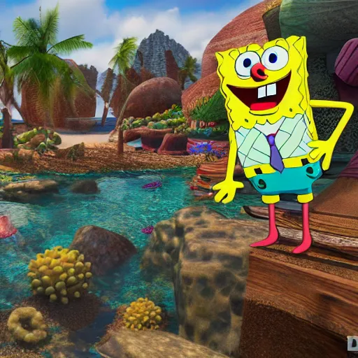 Prompt: spongebob bikini bottom, intricate detail, hieronymous bosch, whealan, hd, unreal engine