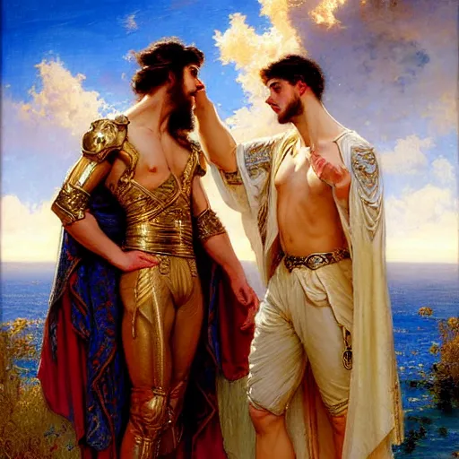 Image similar to attractive fully clothed king confesses his love for his attractive fully clothed male prince. highly detailed painting by gaston bussiere, mark brooks, j. c. leyendecker