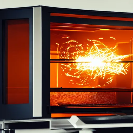 Image similar to toaster oven suspended by lots of metallic cables, symmetry, dark messy smoke - filled cluttered workshop, dark, dramatic lighting, orange tint, sparks, cinematic, highly detailed, sci - fi, futuristic, movie still