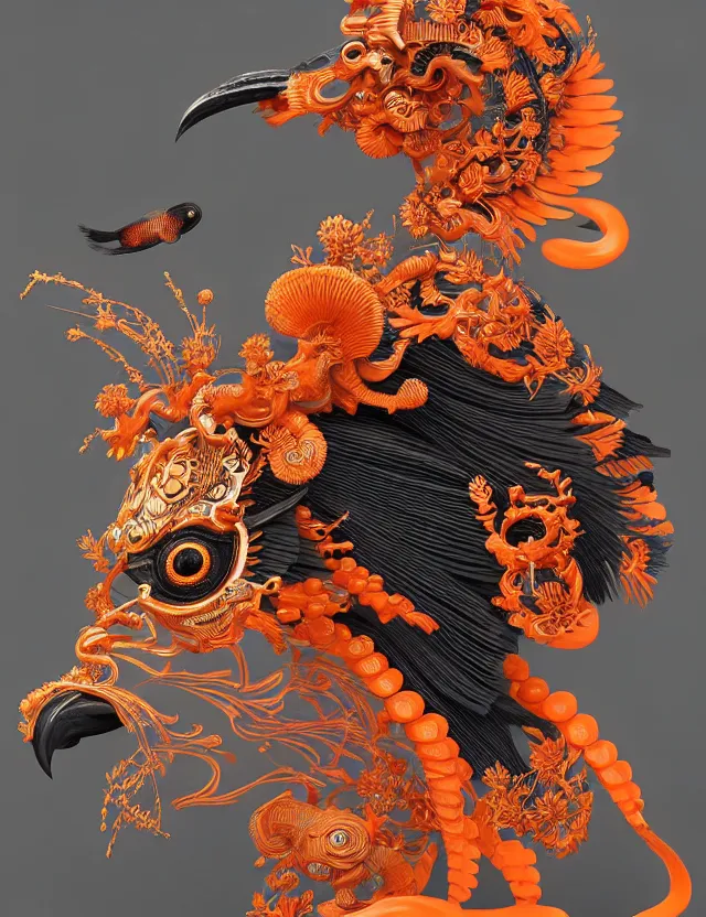 Image similar to 3 d goddess close - up profile portrait biomechanics with ram skull. beautiful intricately detailed japanese crow kitsune mask and clasical japanese kimono. betta fish, jellyfish phoenix, bio luminescent, plasma, ice, water, wind, creature, artwork by tooth wu and wlop and beeple and greg rutkowski. gold black teal and orange color scheme