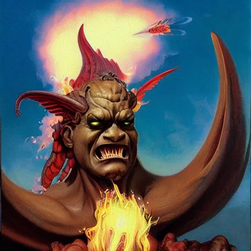 Prompt: balrog with flaming wings, wreathed in smoke, wearing sunglasses and eating ice!!!!! cream!!!!! cone!!!!!, painting by boris vallejo, frank frazetta, and rembrandt