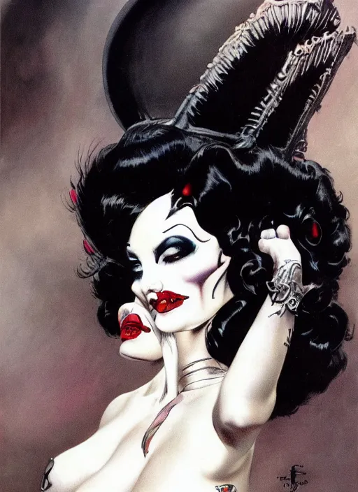 Prompt: goth girl burlesque psychobilly punk, detailed face, white background, drawing, illustration by frank frazetta and boris vallejo