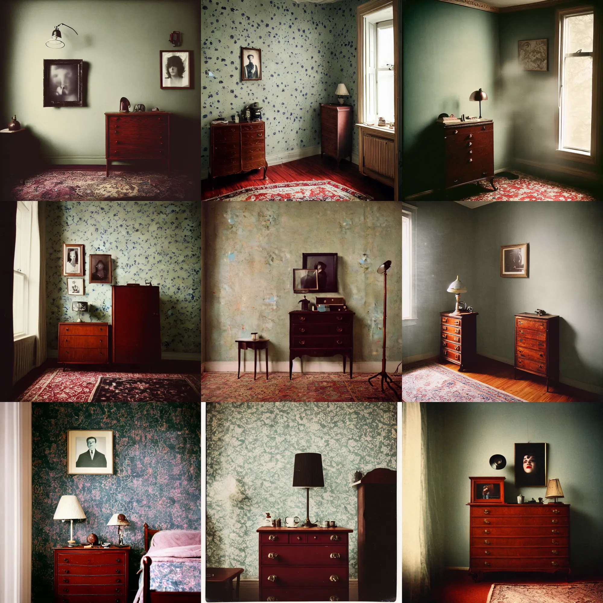 Image similar to kodak portra 4 0 0, wetplate, fisheye, award - winning portrait photo by britt marling, 1 9 2 0 s room, picture frames, 1 9 2 0 s furniture, wallpaper, carpet, shining lamp,, muted colours, blueberry, wood, fog,