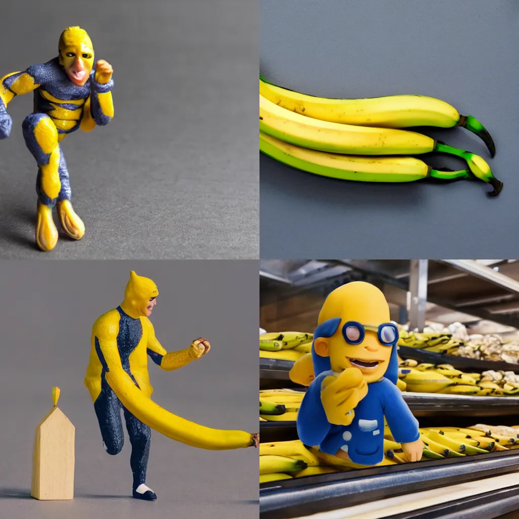 Prompt: Miniature of a Banana-Man, Fine Production Photo of a Store site, 4K.