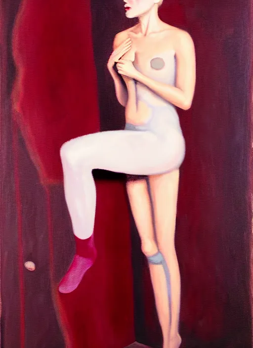 Prompt: oil painting of a AnnaSophia Robb in a sci-fi military uniform, stockings, frozen stare in a void room full of existential maroon horror painted by John Singer Sargant, inspired by paintings of Francis Bacon and Bryan Lee O'Malley and Edward Hopper, melting moody vibrating color palette of Mark Rothko,