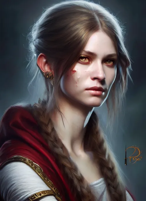 Image similar to a _ fantasy _ style _ portrait _ painting _ of white female with a light scar under left eye, holy oil _ painting _ unreal _ 5 _ daz. _ rpg _ portrait _ extremely _ detailed _ artgerm _ greg _ rutkowski _ greg