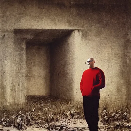 Prompt: beautiful portrait of anthony fantano, theneedledrop, standing in brutalist ruins, painted by zdzislaw beksinski