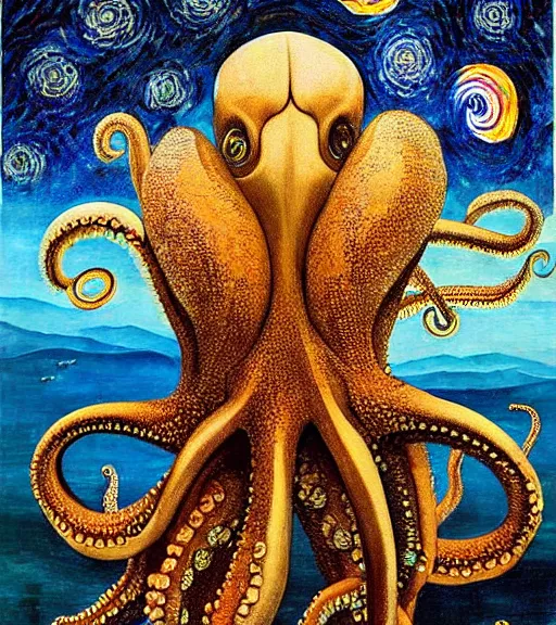 Image similar to a cybernetic realistic octopus giving a lecture in Cap de Creus, Starry Night, Ethereal Scifi, detailed oil painting by Salvador Dali