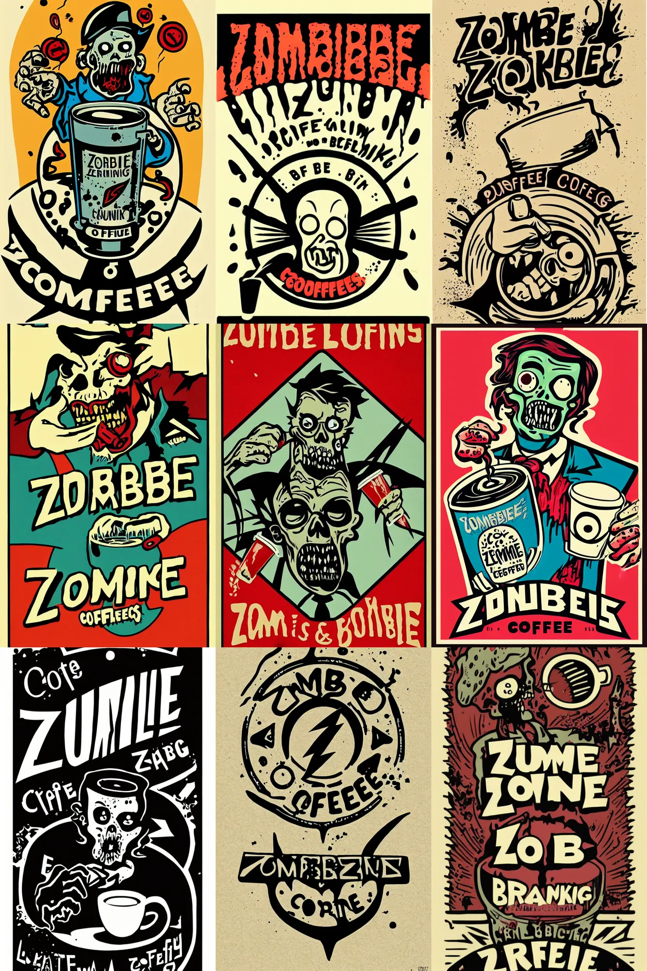Prompt: zombie drinking coffee logo, take away coffee, by mcbess, full colour print, vintage colours, lightning bolts, 1950s
