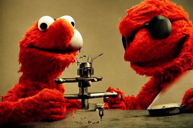 Prompt: A film photograph of Elmo trepanning himself, photorealistic imagery, 8k quality