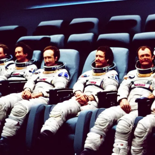 Image similar to astronauts sitting in a movie theater watching the movie “alien”, realistic