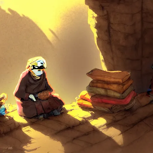 Image similar to concept art, an old woman merchant sitting against a stone wall wearing a backpack piled high with textiles, earth tones, dust particles in the air, early morning golden light, in the style of yoshitaka amano W 704