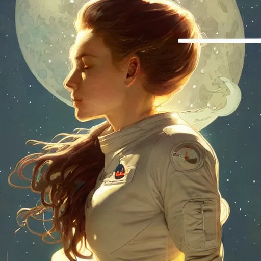 Image similar to an astronaut fleeing the moon by artgerm, greg rutkowski, alphonse mucha