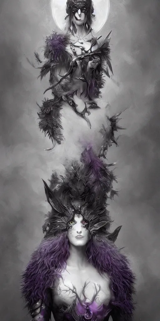 Image similar to tom bagshaw, soft painting fractal curiosities carnival, single beautiful anthropomorphic wolf mutation in full nightshade gothic armor, accurate features, focus, very intricate ultrafine details, black white purple volumetric clouds, award winning masterpiece, octane render 8 k hd