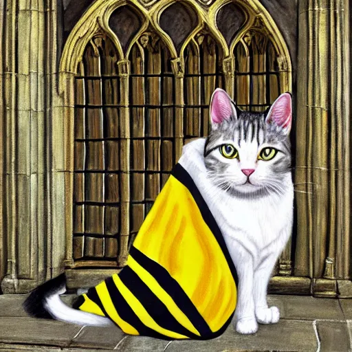 Image similar to oil painting extreme wide shot of a white and grey tabby cat wearing a black yellow striped hufflepuff scarf, in the gloucester cathedral cloisters, digital painting, high detail, award - winning, playful