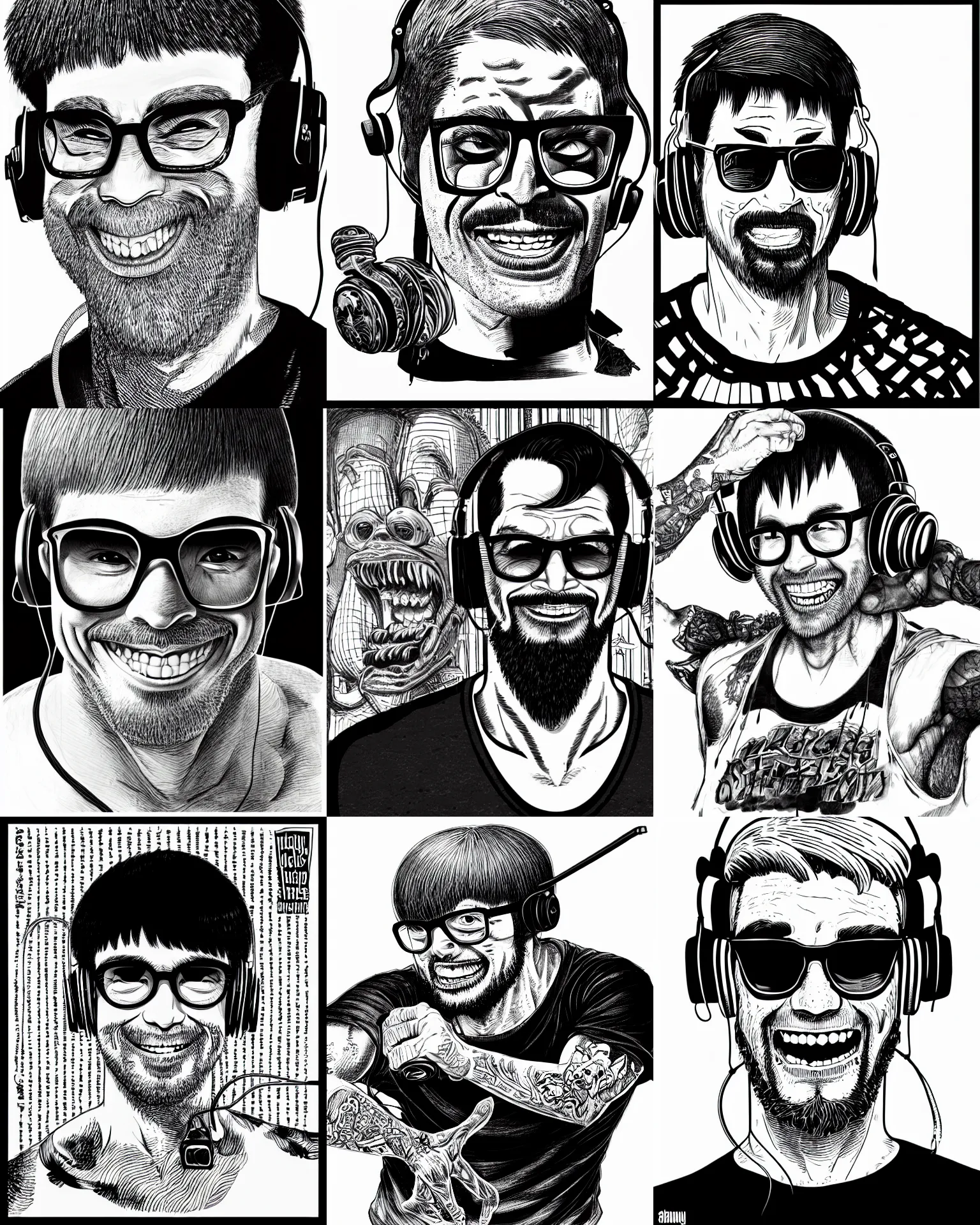 Prompt: highly detailed ink illustration of a buff smiling man with long stubble, square square glasses and black bowl cut, wearing a black tshirt and black headphones, b & w clean shaped illustration by kim jung gi, ron english and eiichiro oda