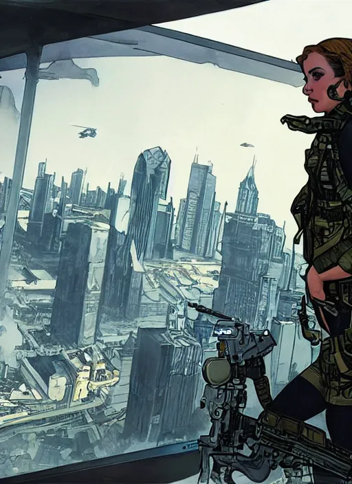 Image similar to Dinah. USN special forces operator looking at city skyline. Agent wearing Futuristic stealth suit. rb6s Concept art by James Gurney, Alphonso Mucha, matt rhodes.