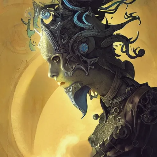 Image similar to bright elf+ Grey smoke, symetrical + scythe + magic ornament + golden ratio + elements + pattal + baroque + marc simonetti, paul pope, peter mohrbacher, detailed, intricate ink illustration