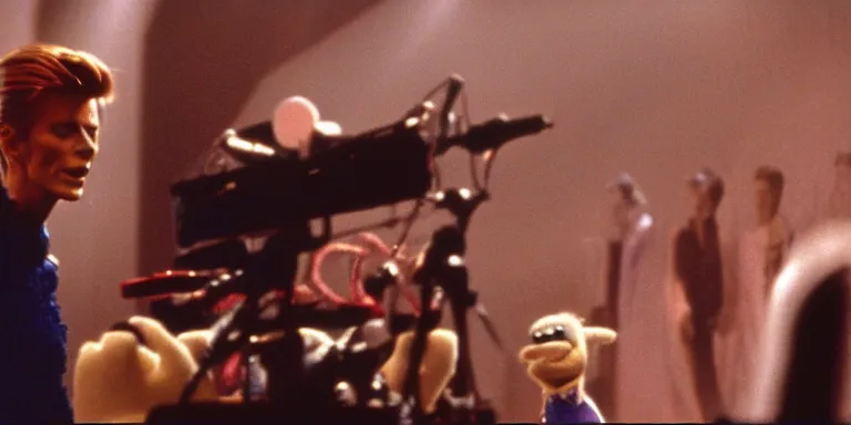 Image similar to Cinematography of Heroes era David Bowie in 1982 shot on a 9.8mm wide angle lens on the set of The Muppet show