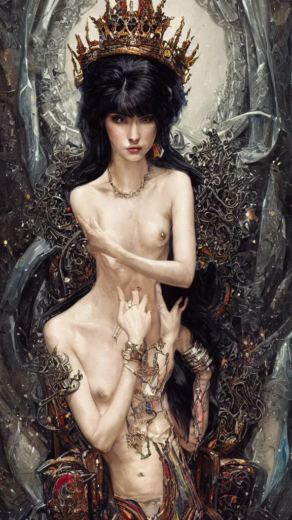 Prompt: painting of a beautiful black haired woman with pale skin and a crown on her head sitted on an intricate metal throne, illustration, artistic, colorful, hyper detailed, in the style of greg rutkowski,