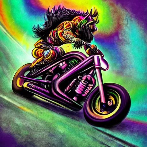 Image similar to psychedelic colorful blacklight airbrush artwork, motorcycle, stylized action shot of an orc biker riding a motorcycle, menacing orc, drifting, skidding, wheelie, clear focused details, soft airbrushed artwork, black background, cgsociety, artstation