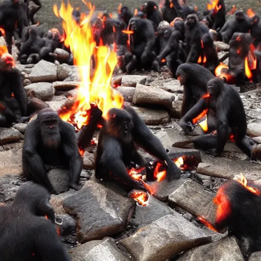 Prompt: apes huddled round a fire surrounded by absolute darkness