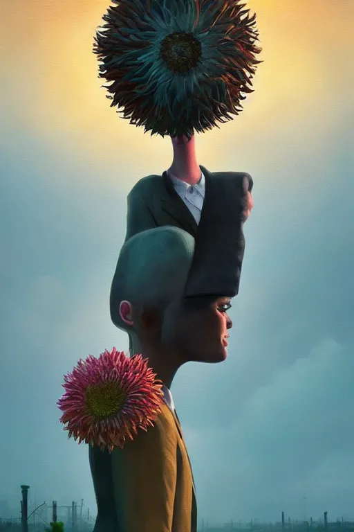 Image similar to portrait giant dahlia flower head, frontal, girl in a suit, standing in street, surreal photography, sunrise, dramatic light, impressionist painting, digital painting, artstation, simon stalenhag