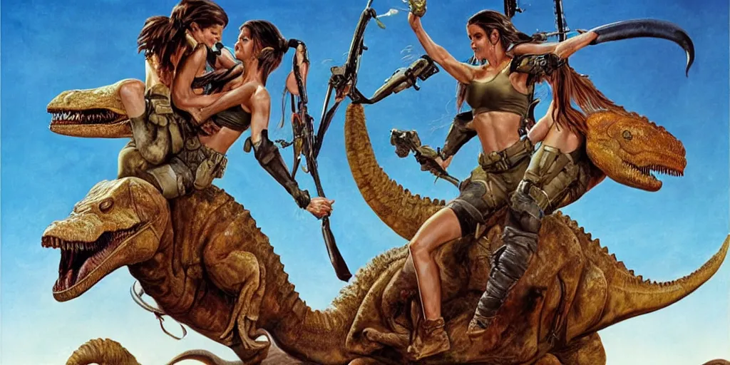 Image similar to Sandra Bullock as Lara Croft mounted and riding a large dinosaur, Boris Vallejo, Julie Bell