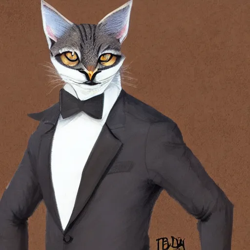 Prompt: d & d style full body portrait, tabaxi male in tux.