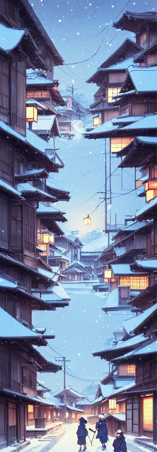 Image similar to empty rural japanese town at night, winter, in the style of studio ghibli, j. c. leyendecker, greg rutkowski, artem