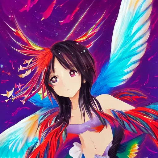 Image similar to anime painting frantic cute hummingbird phoenix phoenix phoenix zipping around, wanting to explore and investigate everything. it\'s curiosity is unbounded and insatiable, digital art, trending on artstation, stylized, colorful feathers, anime art by Kuvshinov Ilya, lariennechan, Aokamei