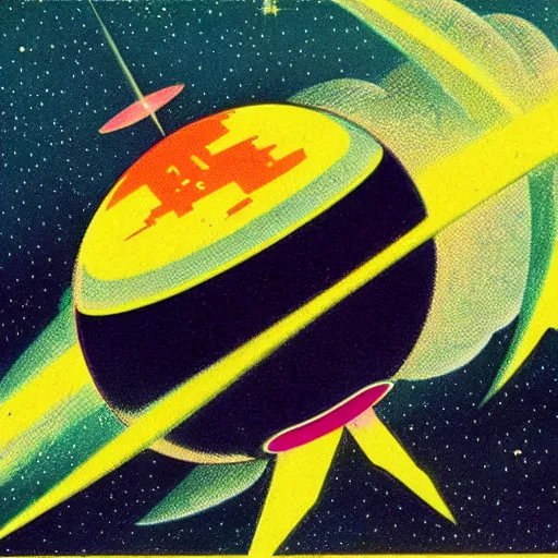 Prompt: vintage illustration of a spaceship entering the atmosphere of an alien planet, 1 9 7 0 s style, vibrant colors
