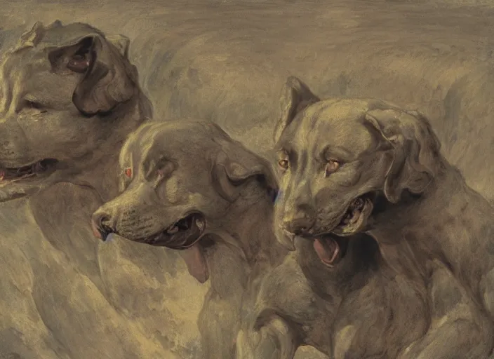 Image similar to hyperdetailed matte art of a three headed dog cerberus by william blake, ilya repin, amano, rene magritte, craig mullins, three headed dog cerberus, details