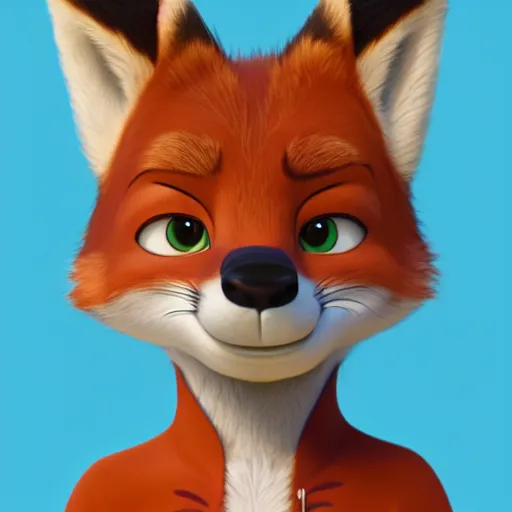 Prompt: upper half portrait of a anthropomorphic female fox with short white fur covering her body in the style of zootopia, top down view, centered on face