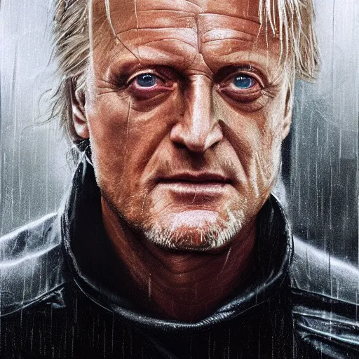 Image similar to cinematic portrait of rutger hauer in blade runner 2 0 4 9, perfect face, neon rain, moody, elegant, by alyssa monks, highly detailed, symmetrical face, fine details, masterpiece, trending on artstation