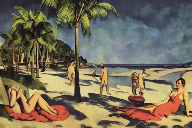 Prompt: vintage magazine illustration of a dreamy beach scene on a hot summer evening, by carel willink and gregory crewdson and paul cezanne