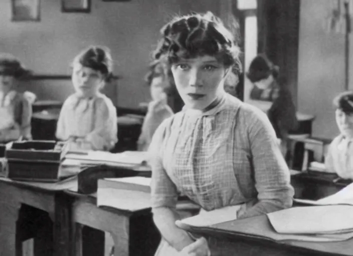 Image similar to A movie still of Lea Seydoux as school teacher in 1913 silent movie.