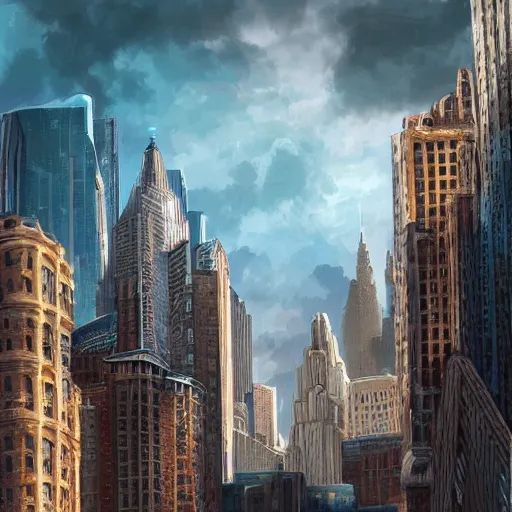 Image similar to an epic digital painting of an intimidating giant, very tall, stunning buildings, long shot angle