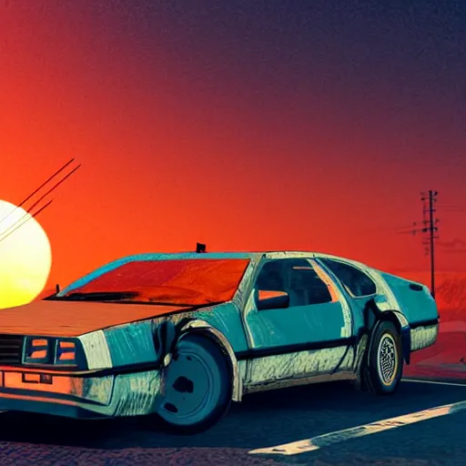 Image similar to wasteland hotline miami desert apocalypse car on fire oil leaking black liquid wasteland war destroyed wide shot landscape nuke fire craters end of the world miami beach sunset palm trees 80s delorean unreal engine style